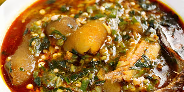Fresh Nigerian okra soup with assorted meats and stockfish at Foodsleeve